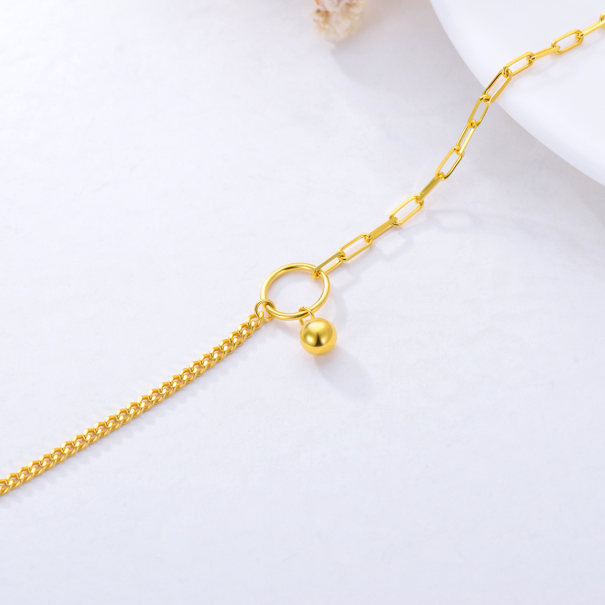 10K Gold Bead & Paper Clip Curb Link Chain Charm Bracelet-4