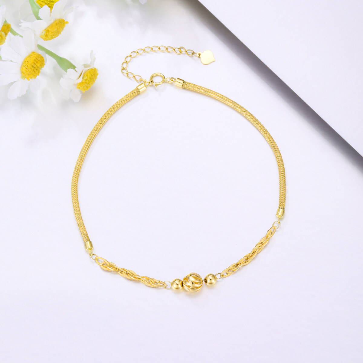 10K Gold Bead Single Mesh Link Chain Anklet-2