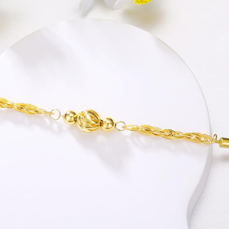 10K Gold Bead Single Mesh Link Chain Anklet-3