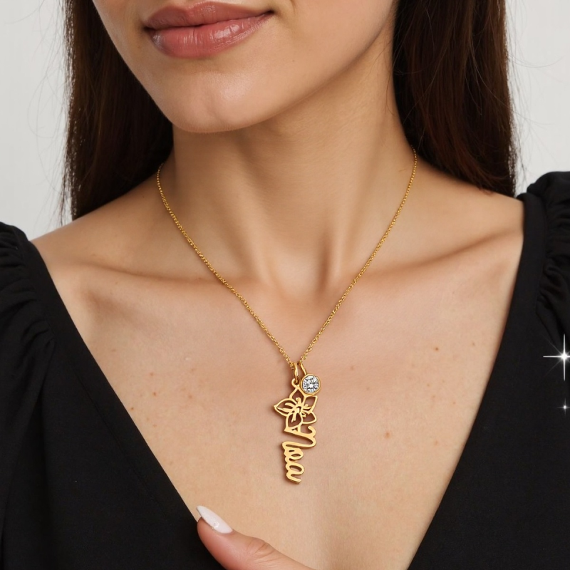 Colar de flores silvestres com gravura personalizada em ouro vermeil e pedra de nascimento para mulher-2