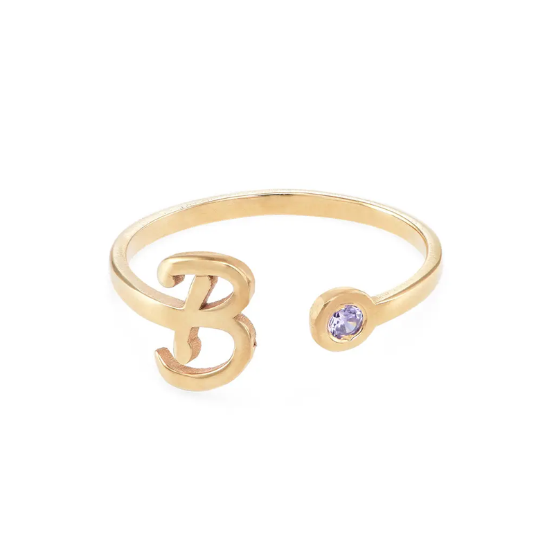 Gold Vermeil Birthstone & Personalized Initial Open Ring for Women-1