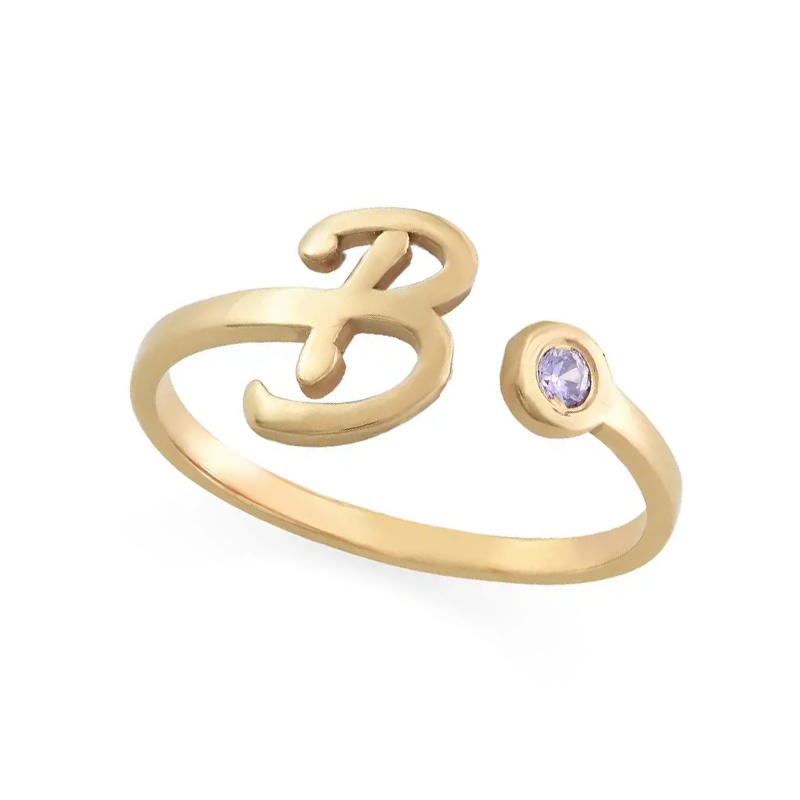 10K Gold Birthstone & Personalized Initial Open Ring for Women-2