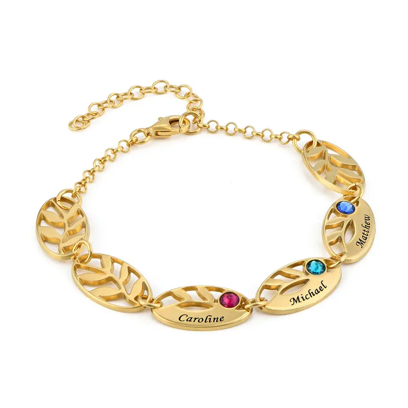 Bracelet pendentif personnalisé en vermeil doré avec pierre de naissance et nom en forme de feuilles pour femme-1