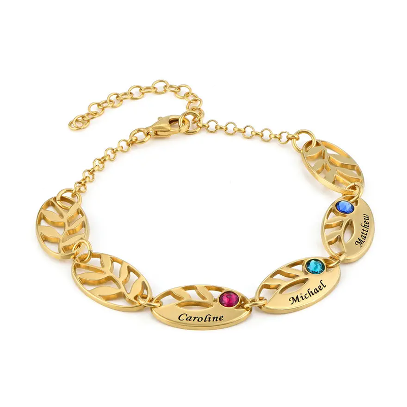 Pulsera con colgante de hojas y nombre personalizado con piedra natal en oro vermeil para mujer-1