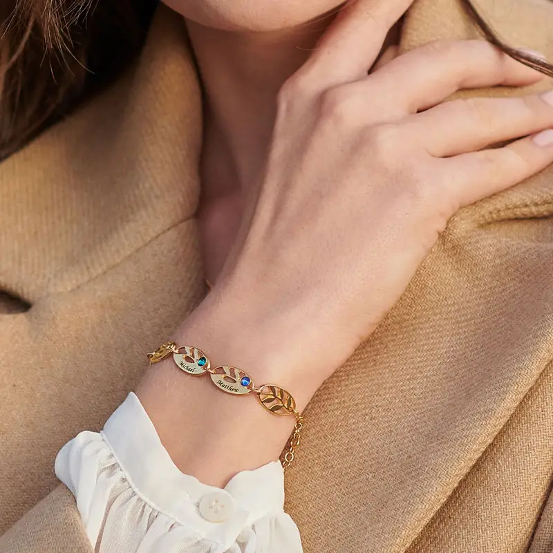 Bracelet pendentif personnalisé en vermeil doré avec pierre de naissance et nom en forme de feuilles pour femme-2