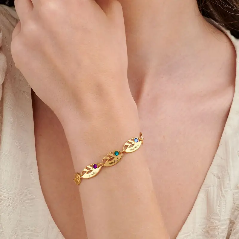 Bracelet pendentif personnalisé en vermeil doré avec pierre de naissance et nom en forme de feuilles pour femme-3