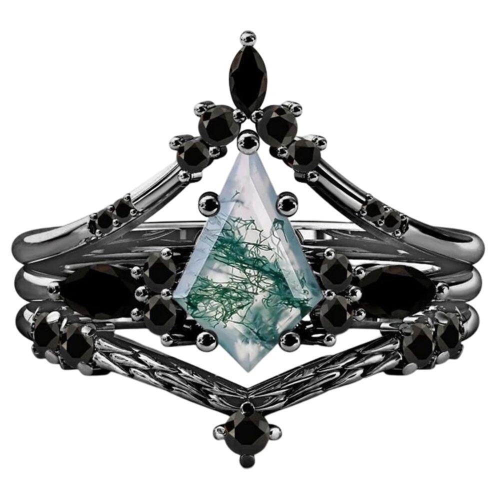 10K Gold Black Color Moss Agate Stackable Ring-1