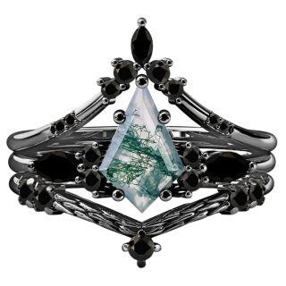 10K Gold Black Color Moss Agate Stackable Ring-34