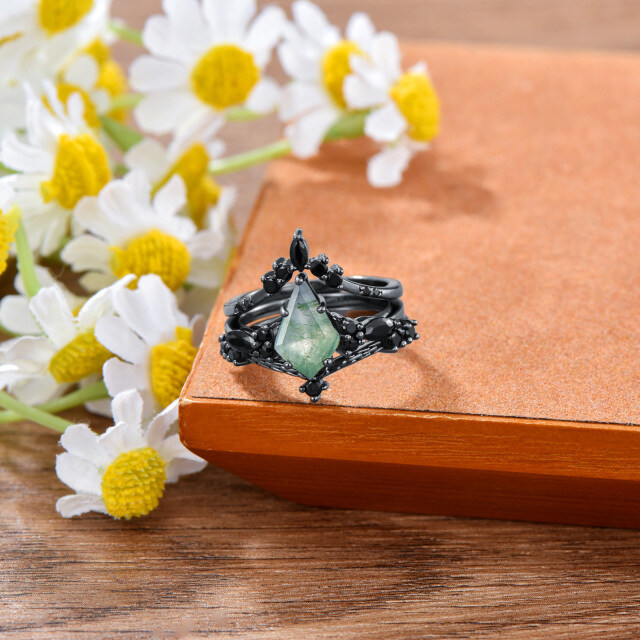 18K Gold Black Color Moss Agate Stackable Ring-3