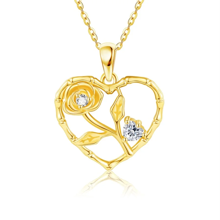 Gold Vermeil Cubic Zirconia Bone & Rose Heart Necklace for Women-1