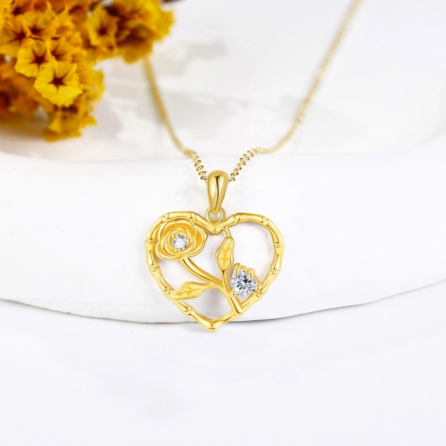 Gold Vermeil Cubic Zirconia Bone & Rose Heart Necklace for Women-3