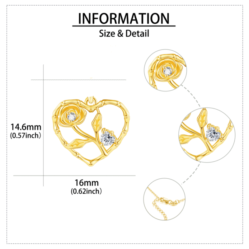 Colar de senhora com pendente de coração em osso e rosa, cravejado com zircónias cúbicas em banho de ouro.-5