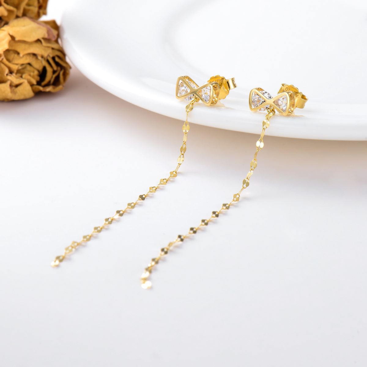 14K Gold Cubic Zirconia Bow Drop Earrings-4