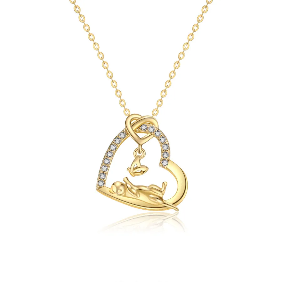 Gold Vermeil Cubic Zirconia Butterfly Cat & Heart Necklace for Women-1