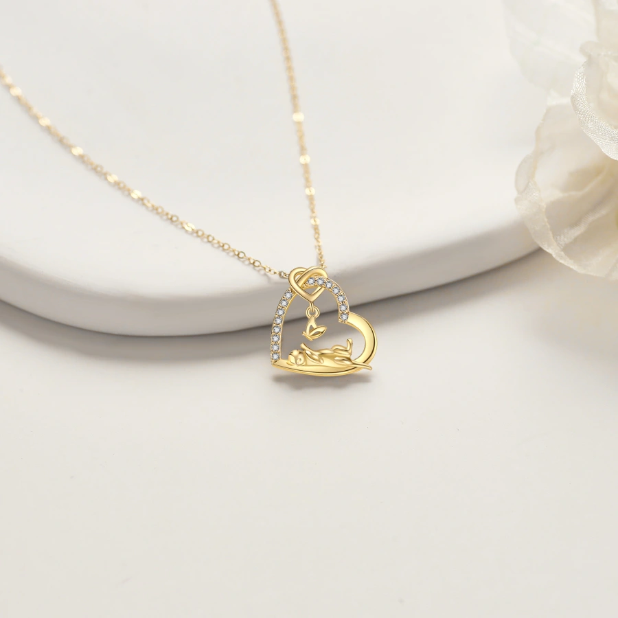 10K Gold Cubic Zirconia Butterfly Cat & Heart Necklace for Women-4