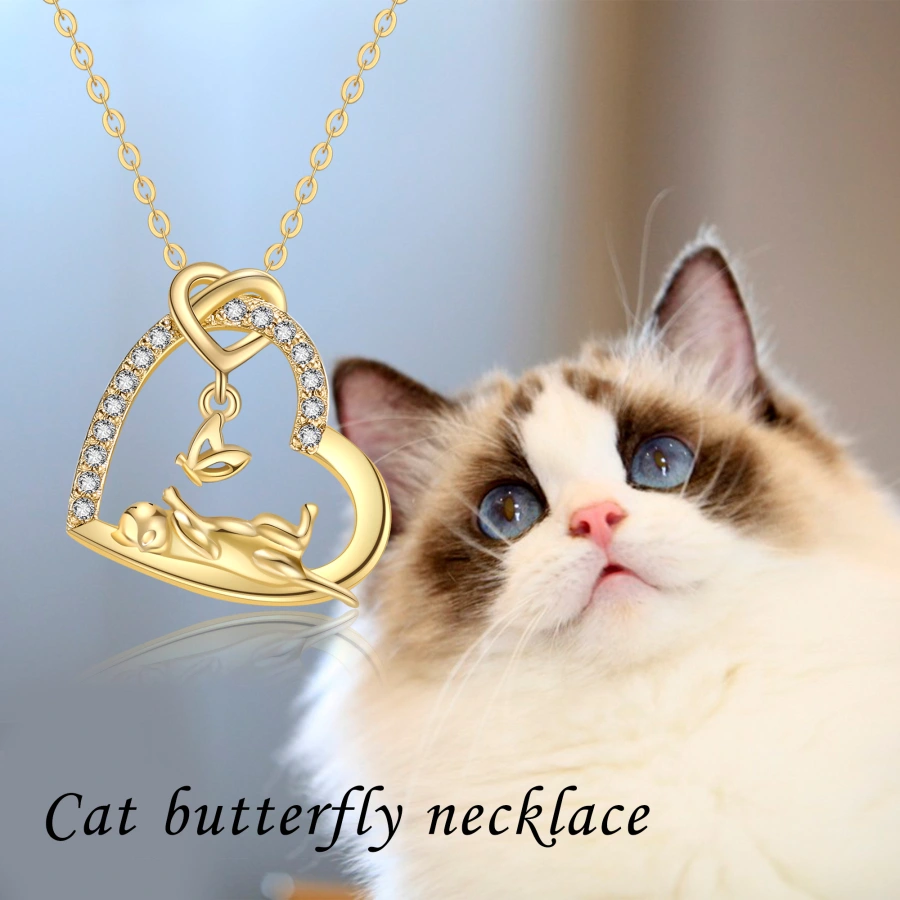 10K Gold Cubic Zirconia Butterfly Cat & Heart Necklace for Women-6