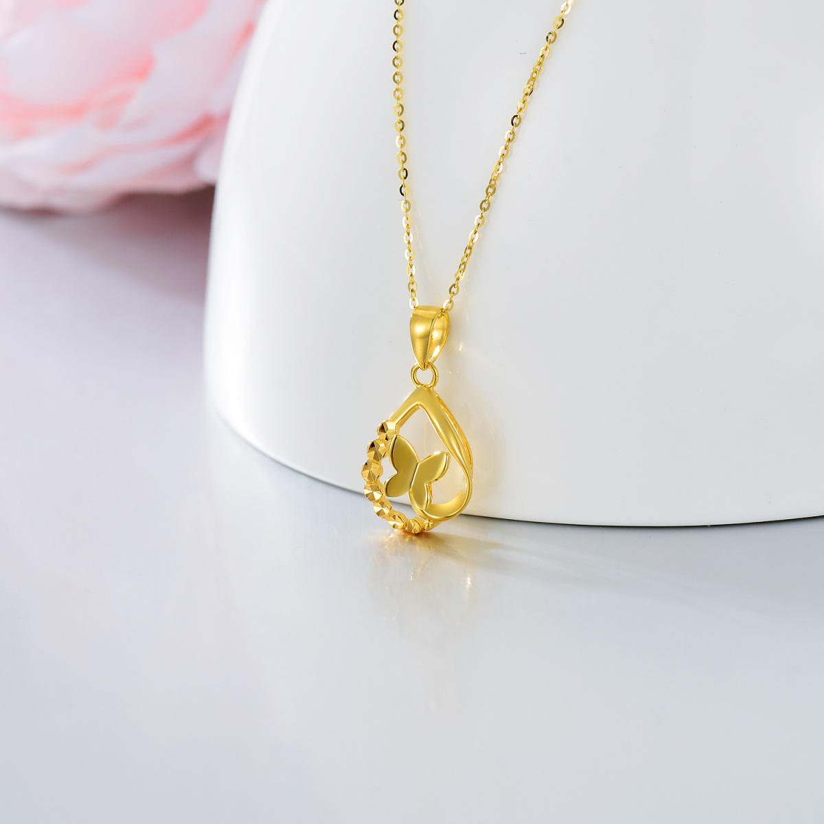 18K Gold Butterfly & Drop Shape Pendant Necklace-3