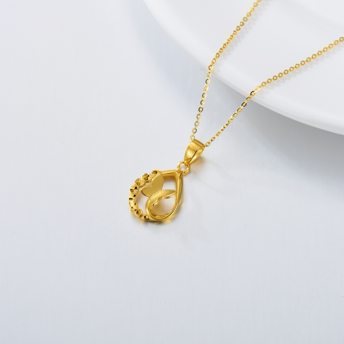 18K Gold Butterfly & Drop Shape Pendant Necklace-4