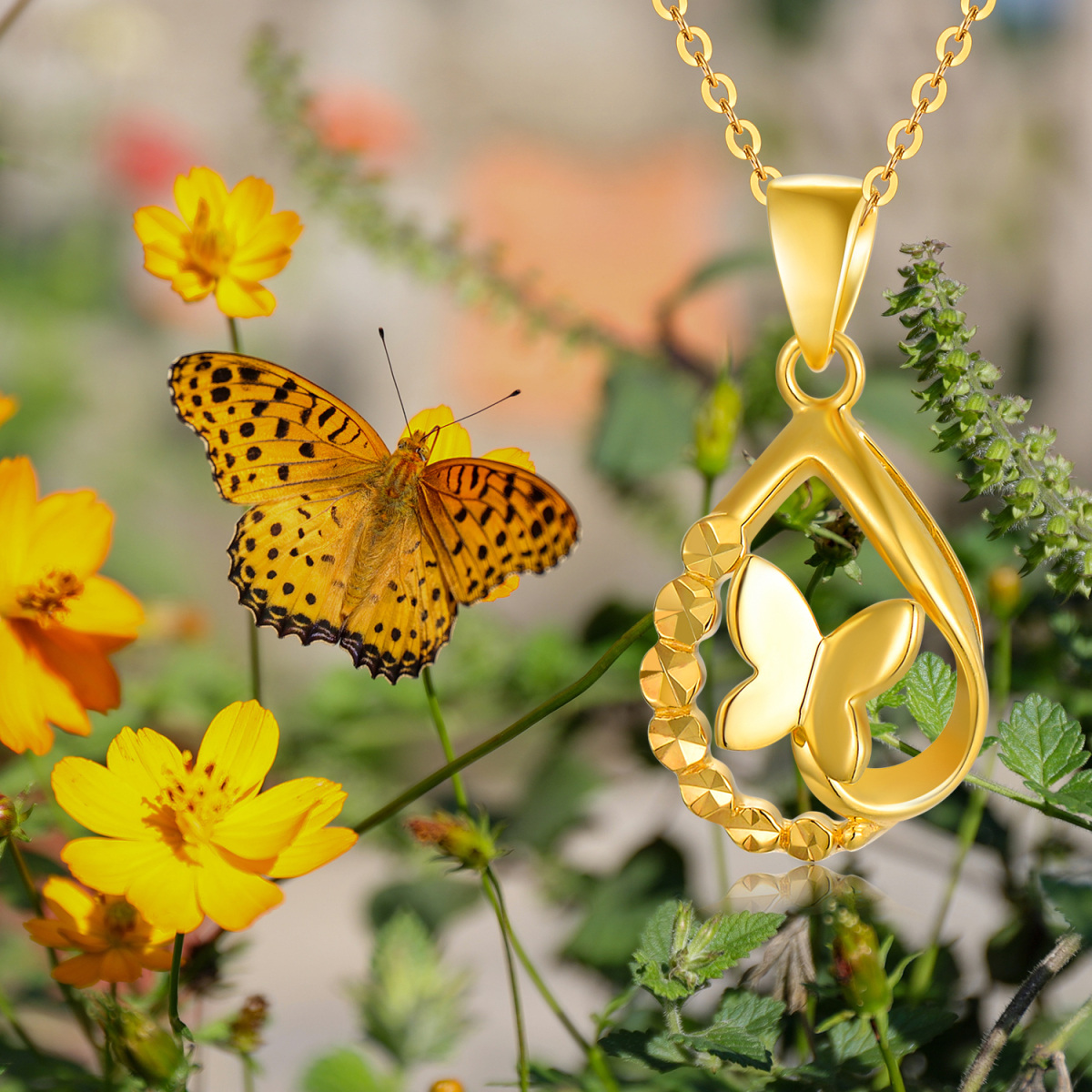 18K Gold Butterfly & Drop Shape Pendant Necklace-6