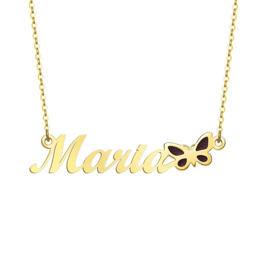 Colar de borboleta com nome personalizado em ouro 10K para mulheres