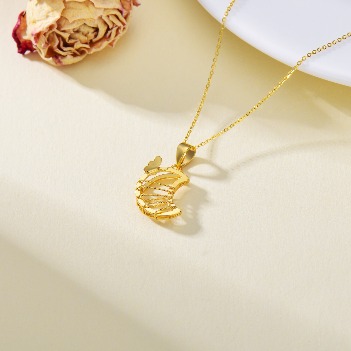 10K Gold Butterfly & Moon Pendant Necklace-4