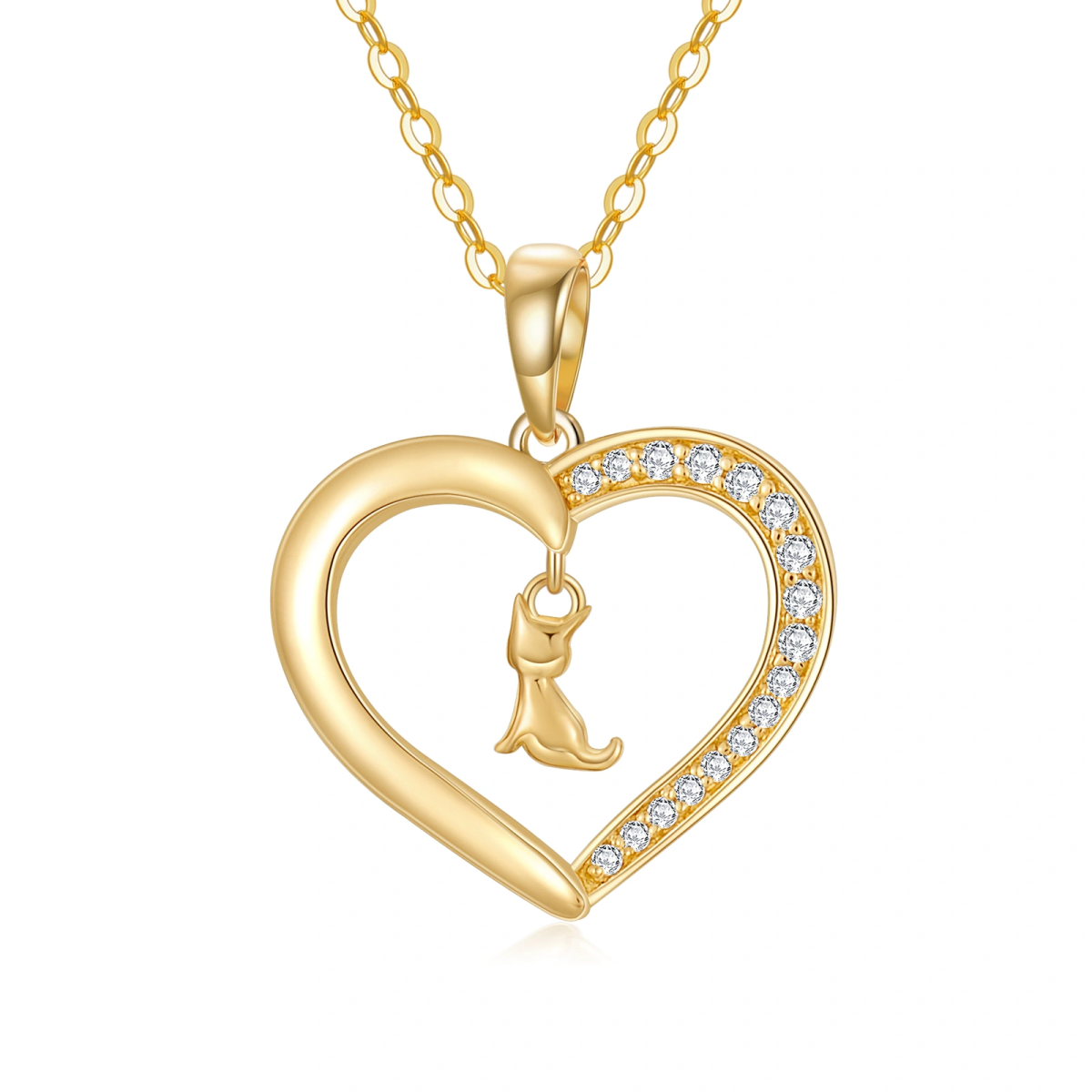 10K Gold Cubic Zirconia Cat & Heart Necklace for Women-1