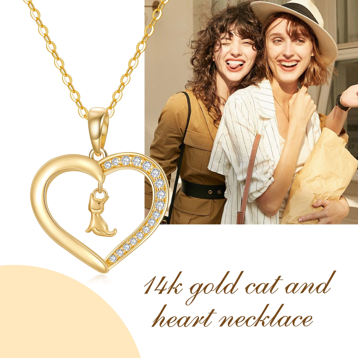 Gold Vermeil Cubic Zirconia Cat & Heart Necklace for Women-6