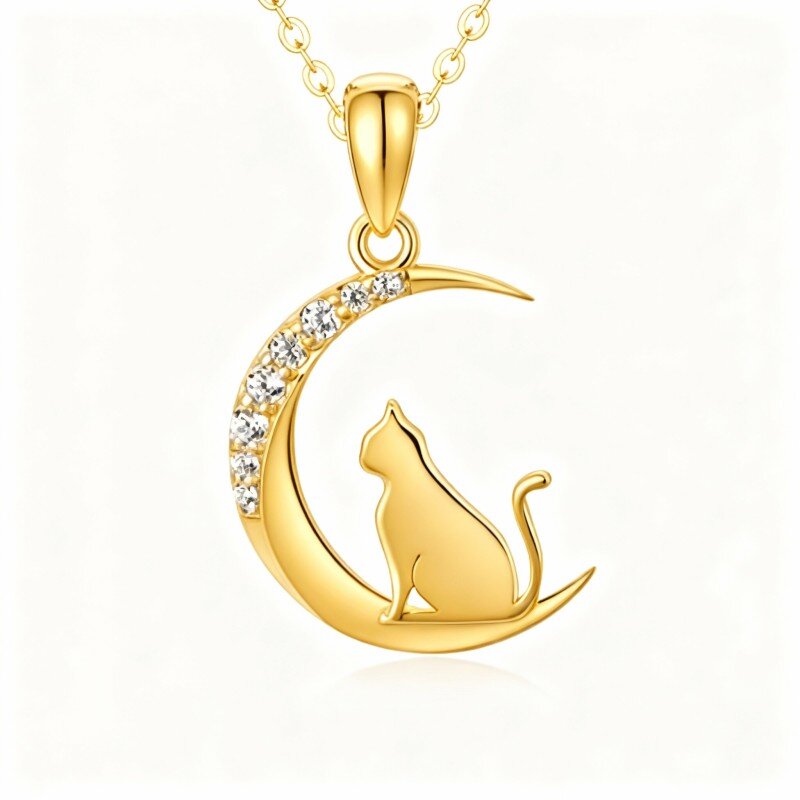 Colar com pendente gato e lua em ouro 10K com zircónias cúbicas-1