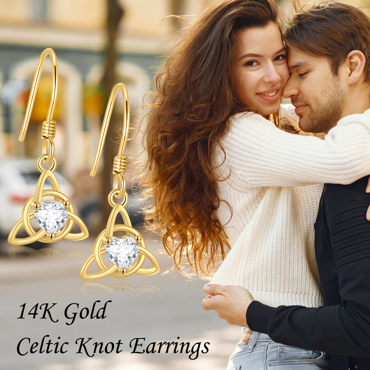 10K Gold Cubic Zirconia Celtic Knot Drop Earrings for Women-6