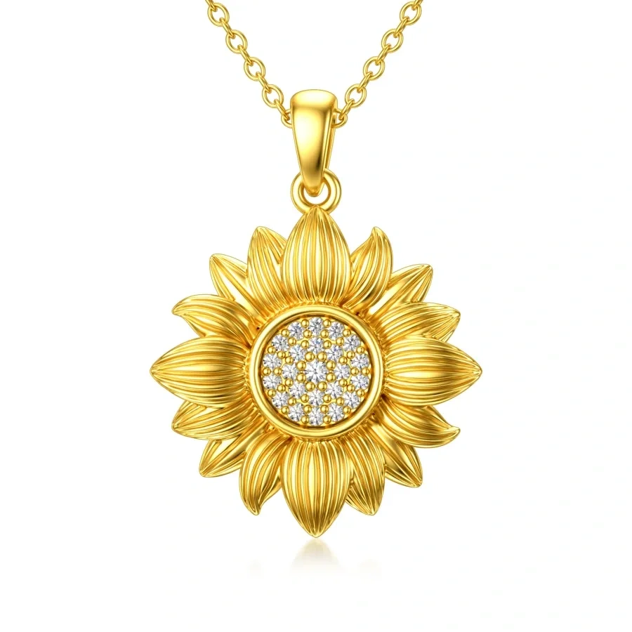 Gold Vermeil Circular Cubic Zirconia Sunflower Necklace for Women-1