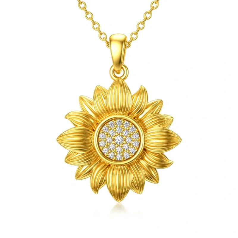 18K Gold Circular Diamond Sunflower Pendant Necklace