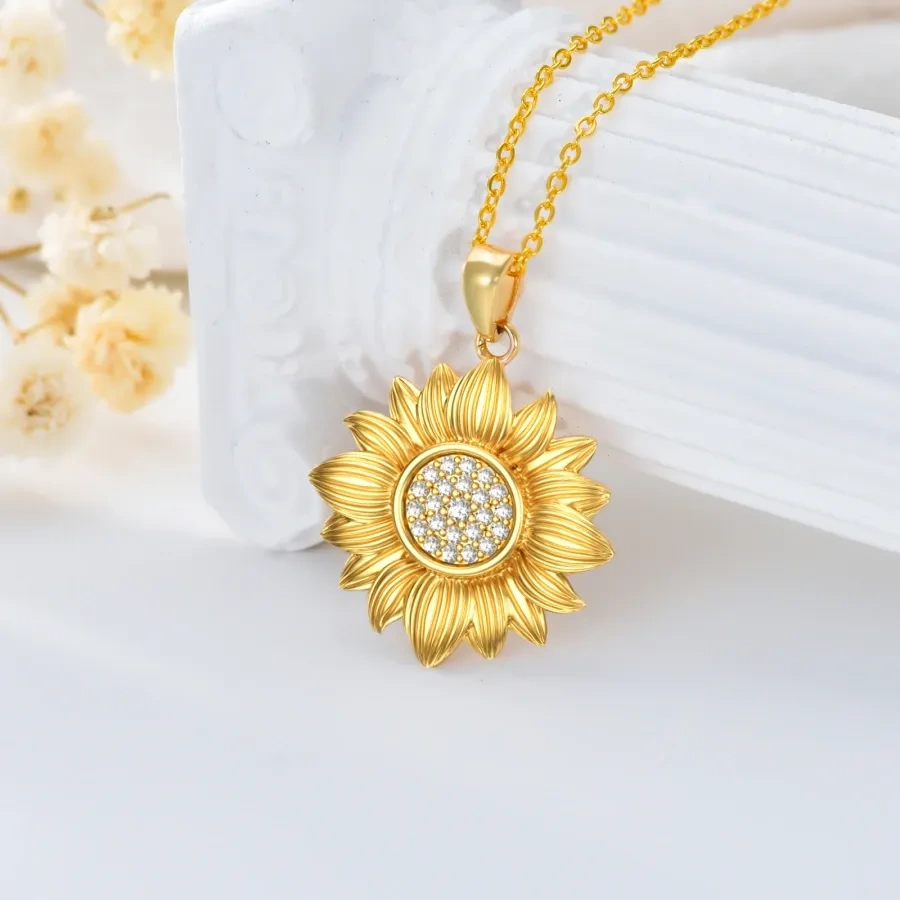 Gold Vermeil Circular Cubic Zirconia Sunflower Necklace for Women-4