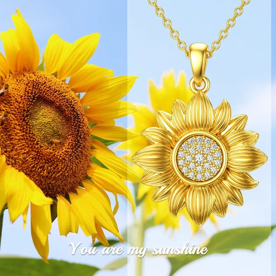 Gold Vermeil Circular Cubic Zirconia Sunflower Necklace for Women-6