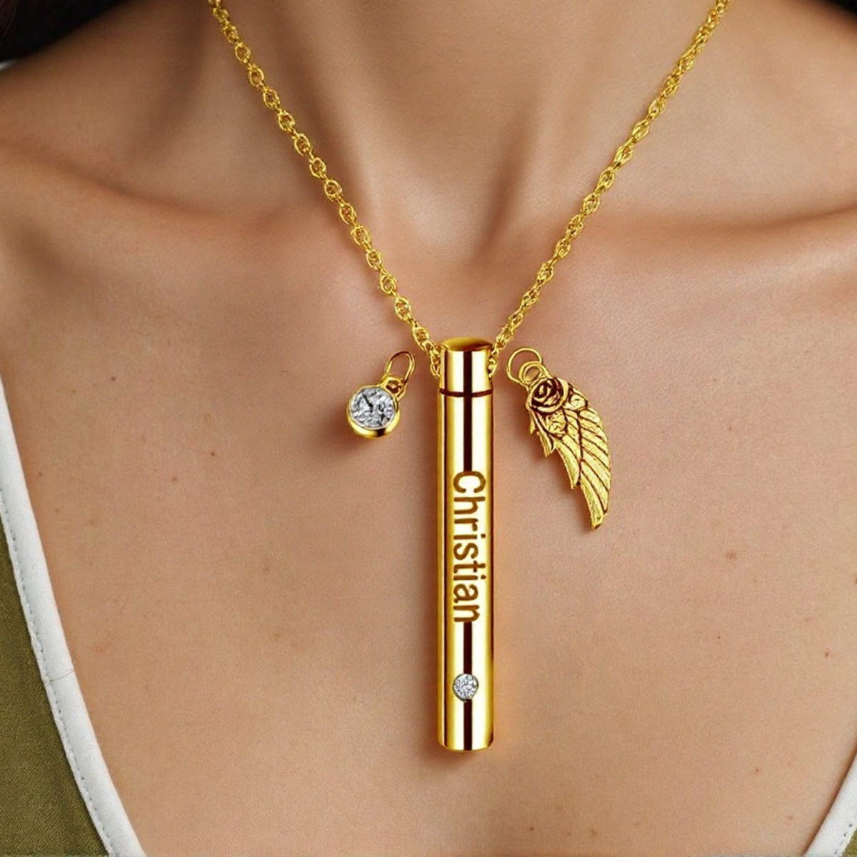 18K Gold Circular Personalized Birthstone & Engraving & Cross Urn Necklace For Ashes For Women-2