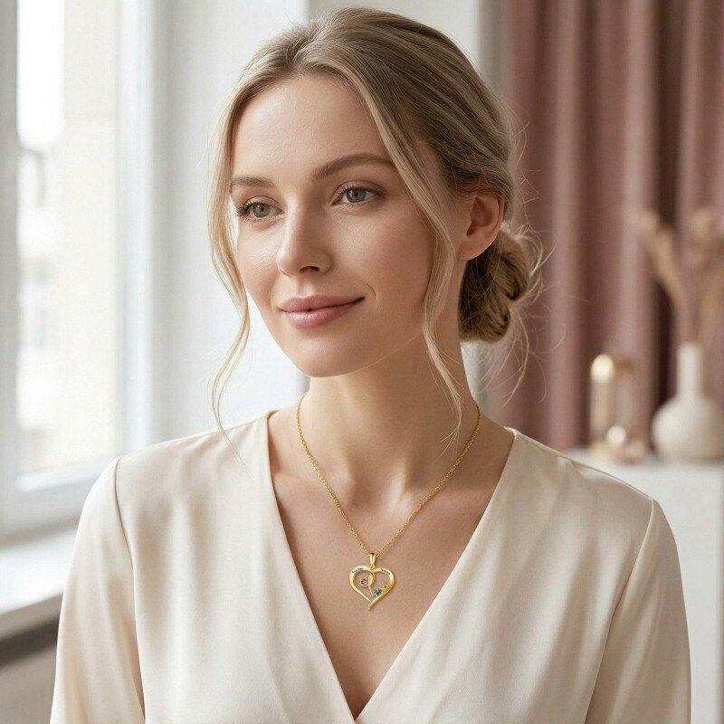 Gold Vermeil Circular Personalized Birthstone Engraving Heart Necklace for Women-2