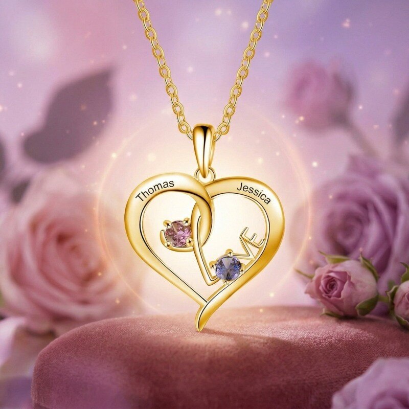 Gold Vermeil Circular Personalized Birthstone Engraving Heart Necklace for Women-3