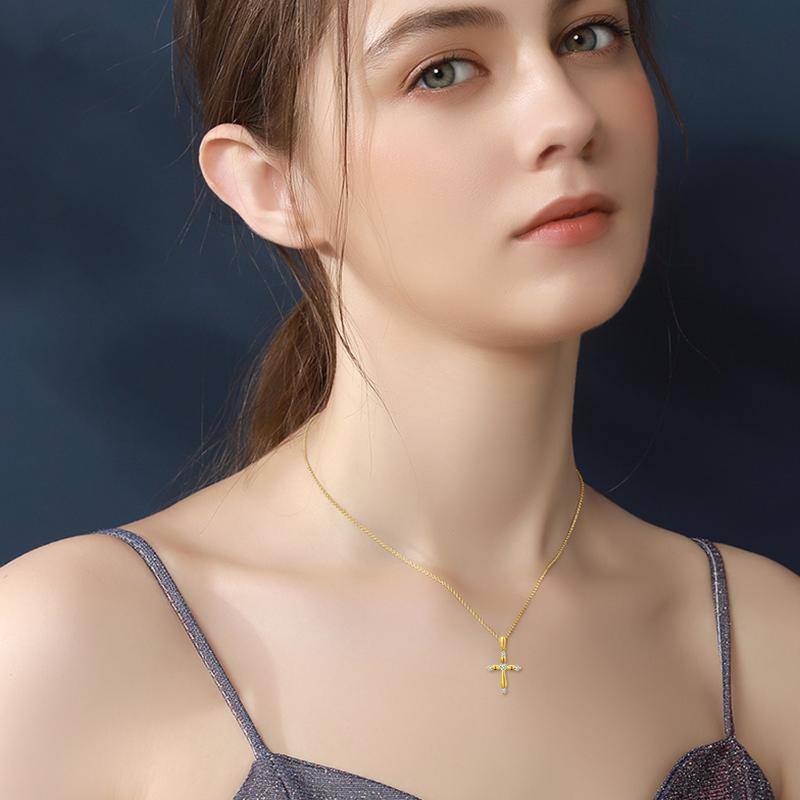 10K Gold Circular Shaped Cubic Zirconia Cross Pendant Necklace-2