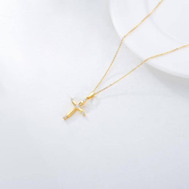 18K Gold Circular Shaped Cubic Zirconia Cross Pendant Necklace-3