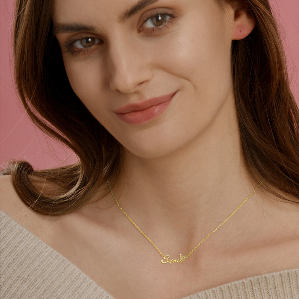 10K Gold Crystal & Personalized Classic Name Butterfly Necklace for Women-2