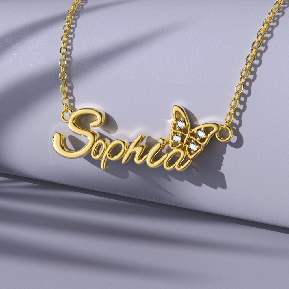 10K Gold Crystal & Personalized Classic Name Butterfly Necklace for Women-4