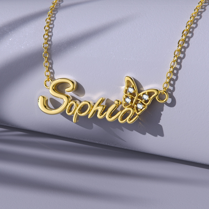 Collar clásico de mariposa con nombre personalizado y cristal de oro de 10 quilates para mujer-4