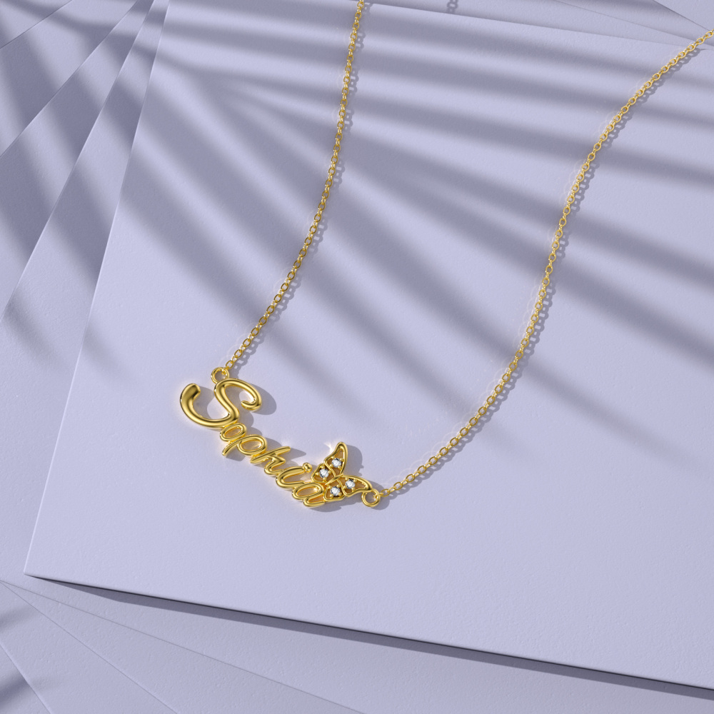 10K Gold Crystal & Personalized Classic Name Butterfly Necklace for Women-5