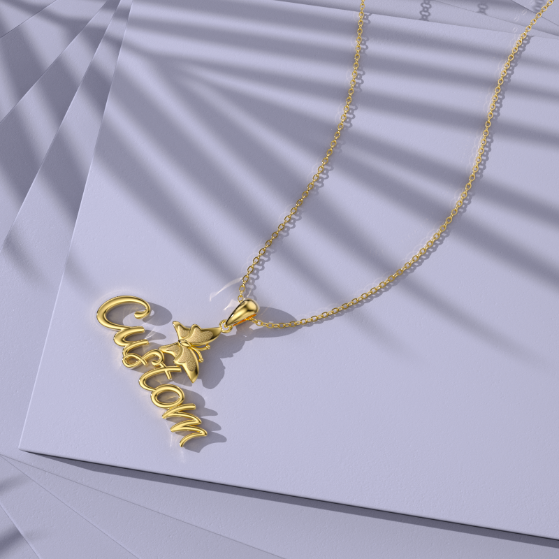 Collar clásico de mariposa con nombre personalizado en oro de 18 quilates-5