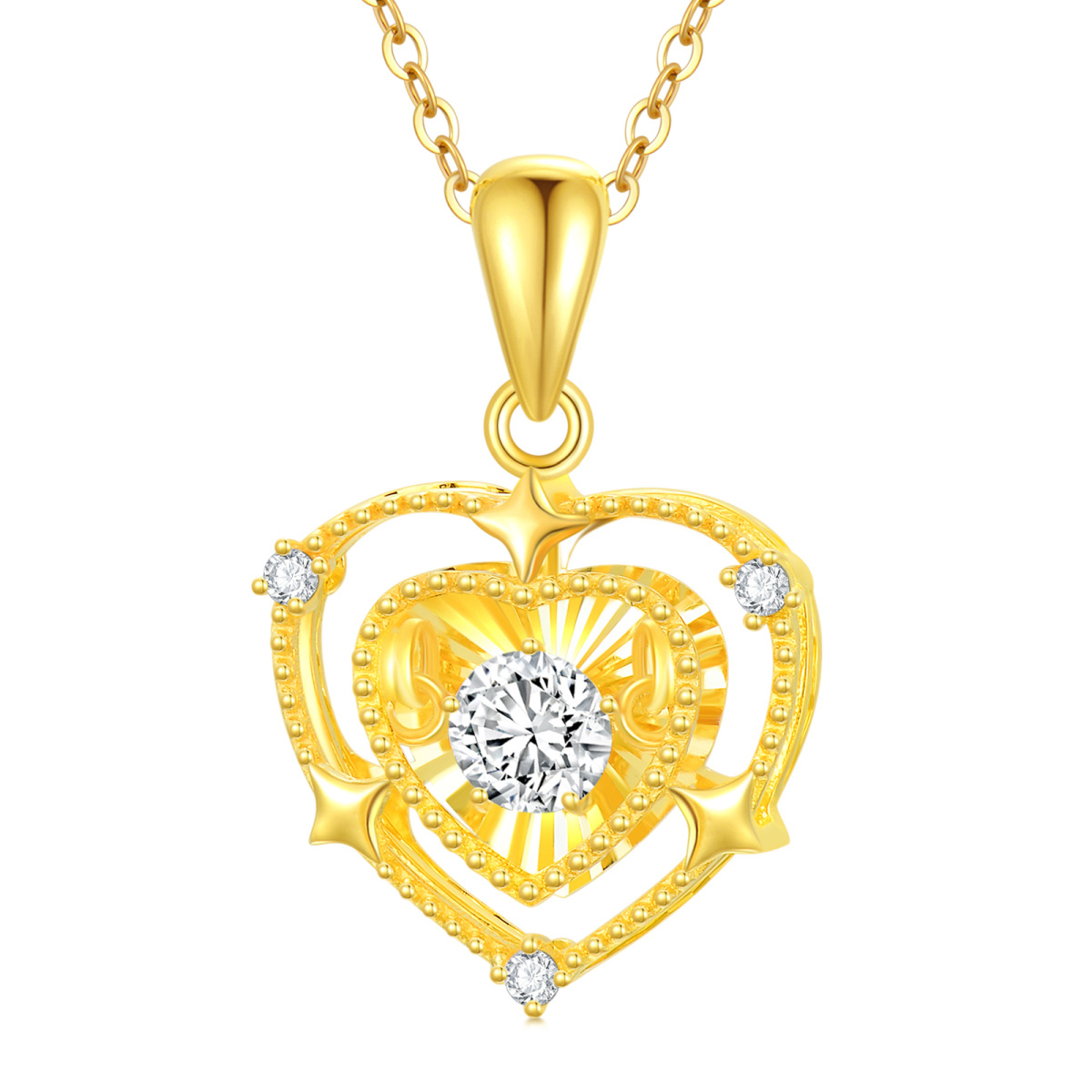 10K Gold Circular Cubic Zirconia Heart With Heart Pendant Necklace For Women-1