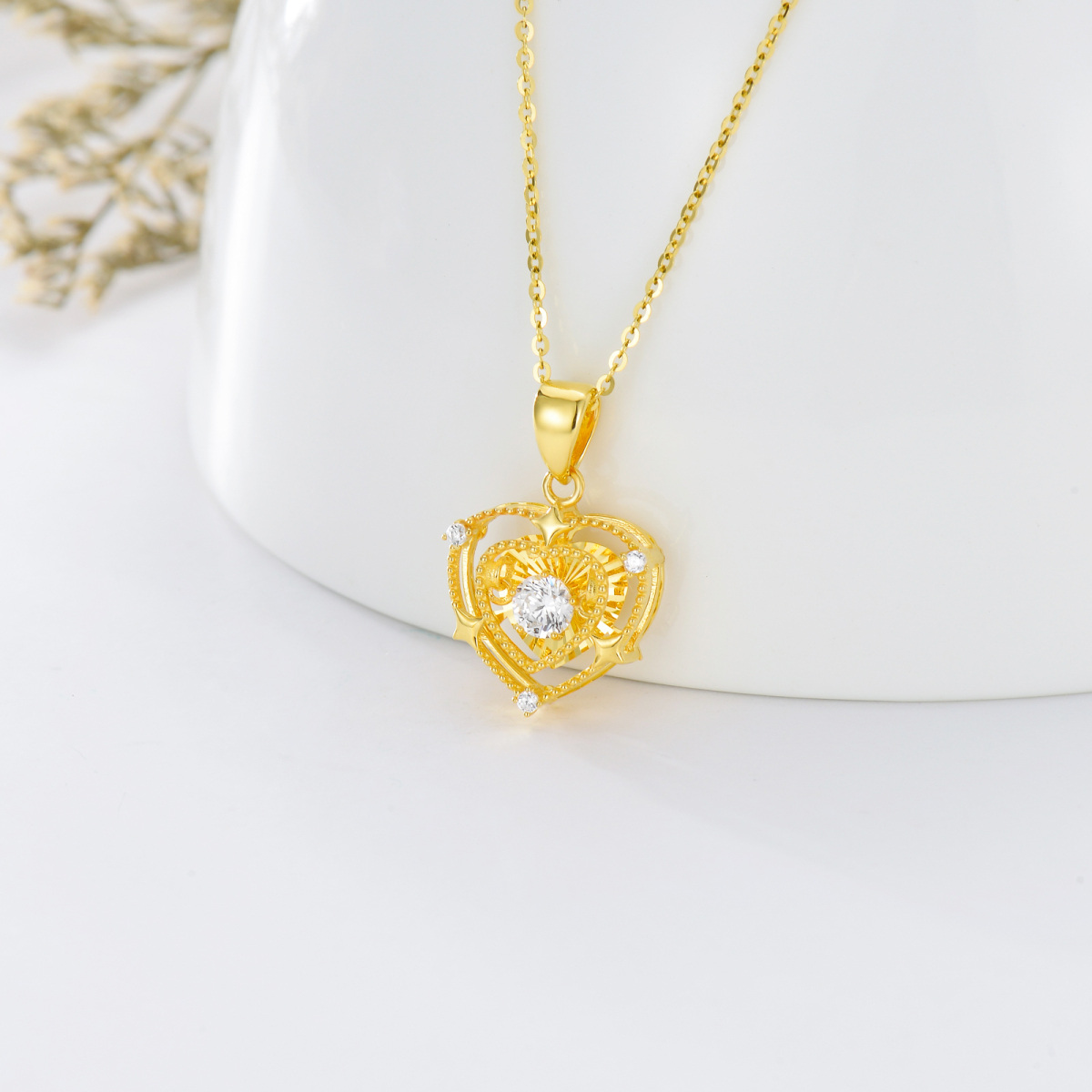 10K Gold Circular Cubic Zirconia Heart With Heart Pendant Necklace For Women-4