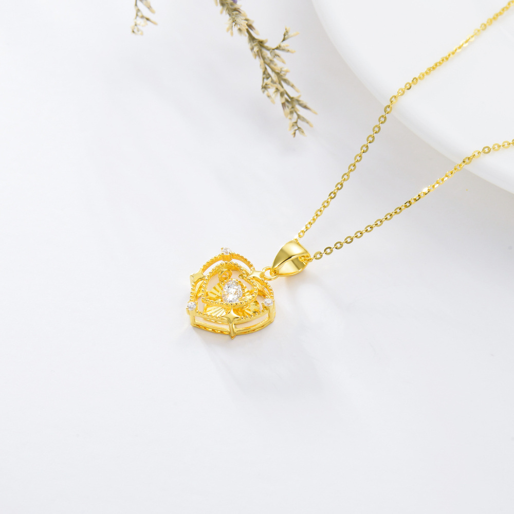 10K Gold Circular Cubic Zirconia Heart With Heart Pendant Necklace For Women-5
