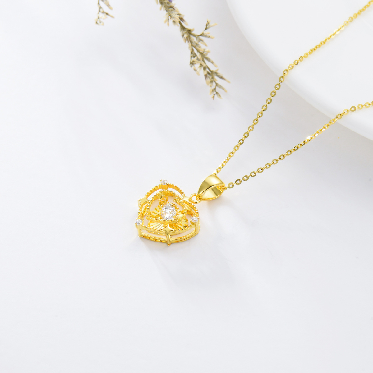 10K Gold Circular Cubic Zirconia Heart With Heart Pendant Necklace For Women-5