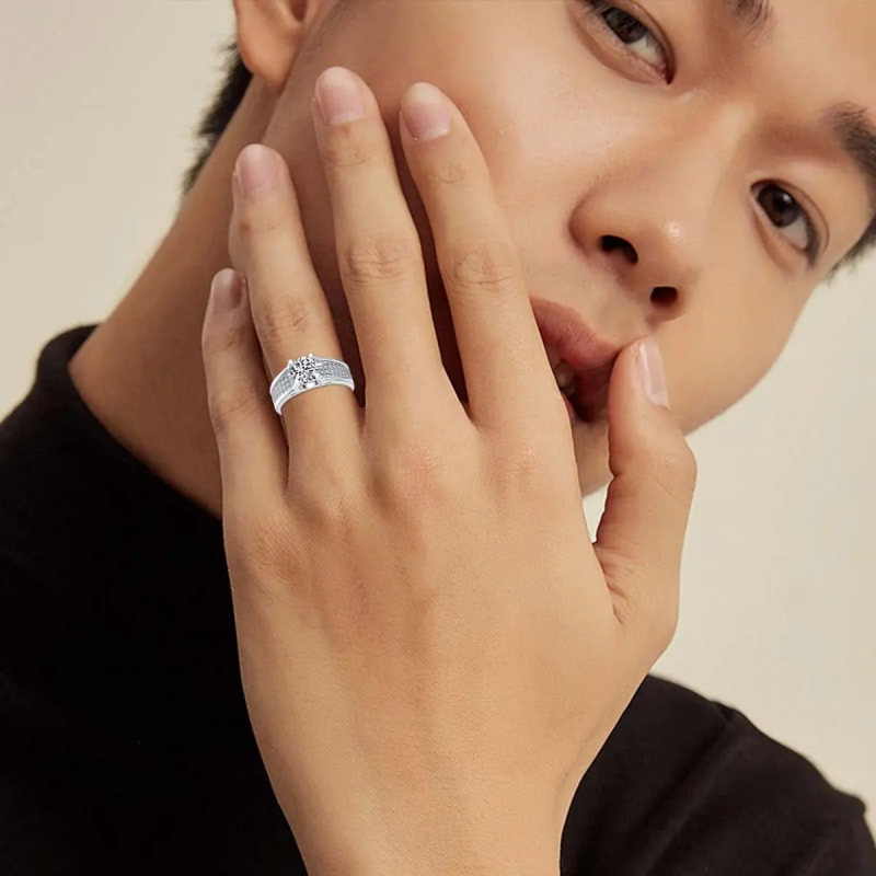 Anello da uomo con moissanite taglio rotondo e anello di coppia in oro rosa 9K-2