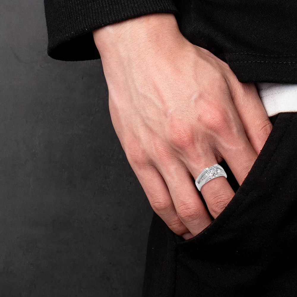 Anel de noivado Moissanite em ouro branco 9K em forma circular para homem-2