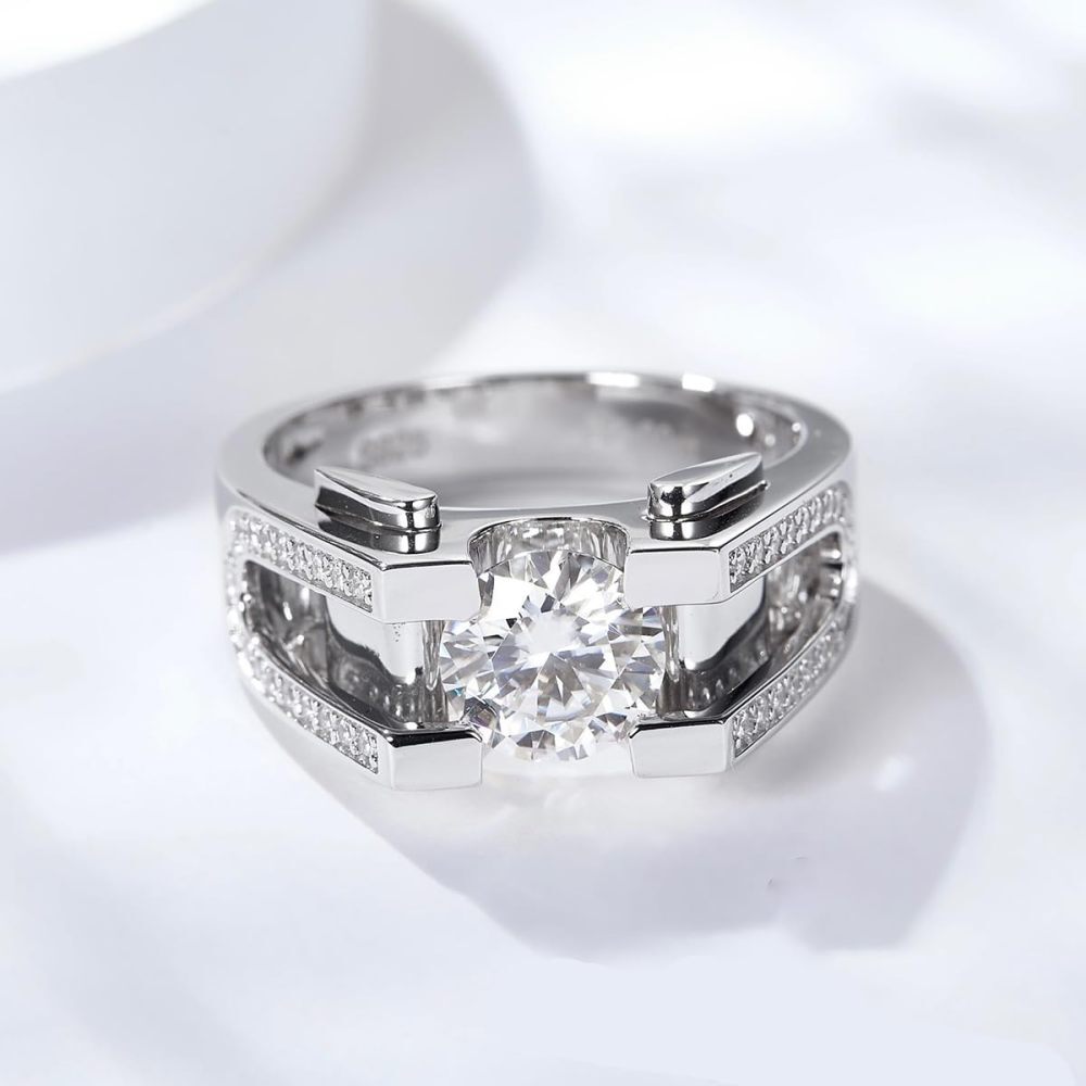 Anel de noivado Moissanite em ouro branco 9K em forma circular para homem-3
